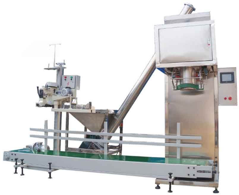 袋裝粉體定量聯動機組:上料機+稱重灌裝機+輸送裝置+縫包裝置